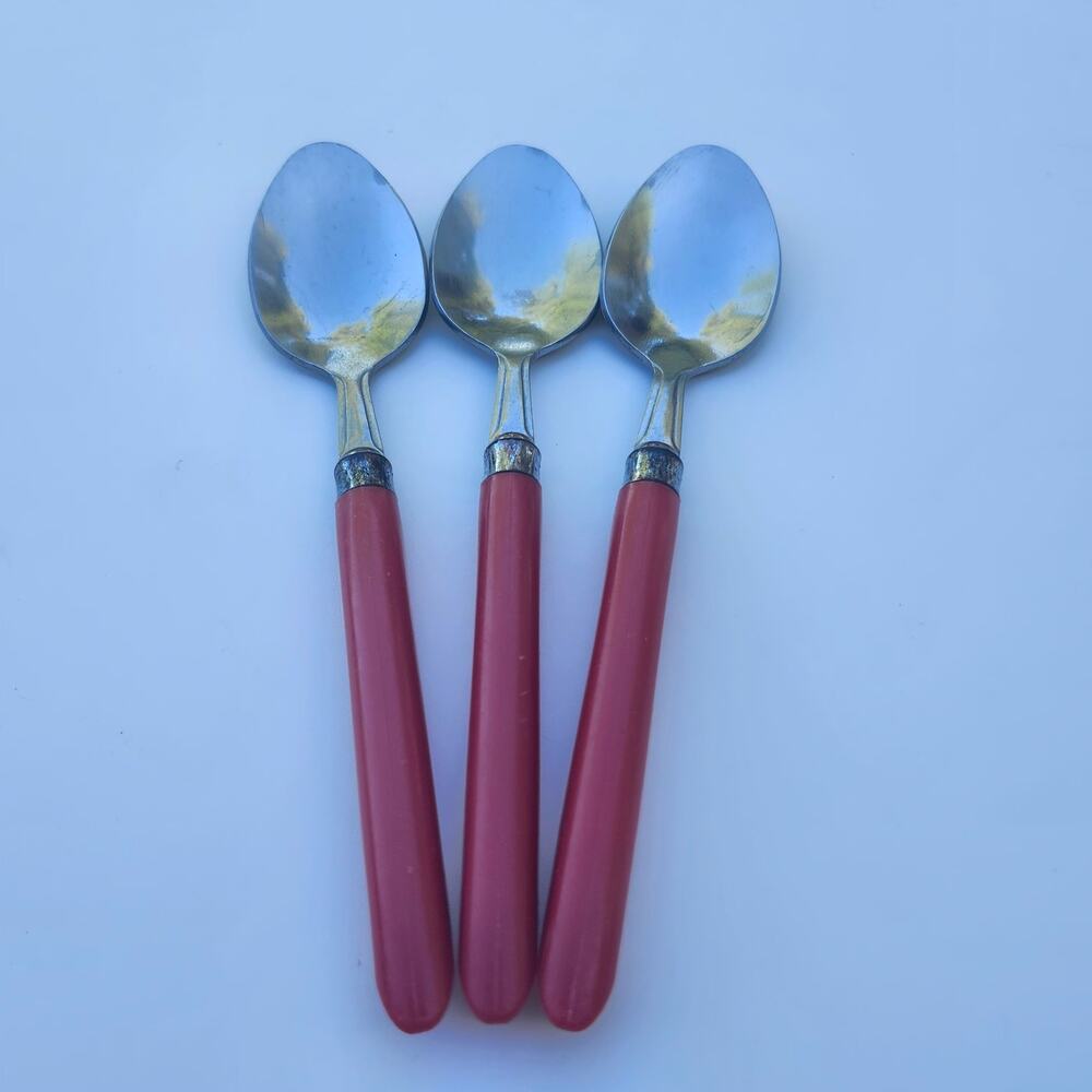 Red Plastic Handle Stainless Steel Tablespoons Oval Soup Spoons Lot 3 Flatware